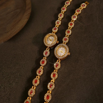 French Vintage Emerald and Ruby Elegant Oval Face Quartz Watch