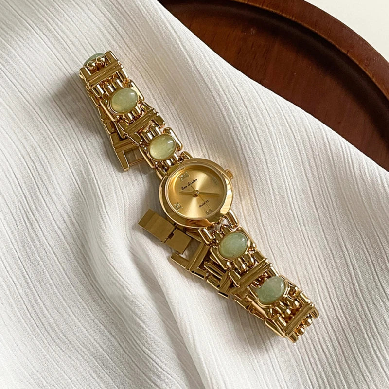 French Vintage Elegant Round Face Green Jade Quartz Watch