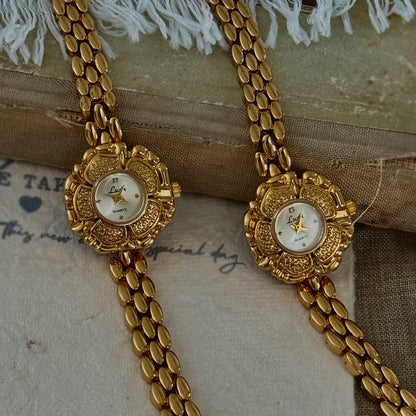 French Vintage Elegant Camellia Flower Round Face Gold Quartz Watch