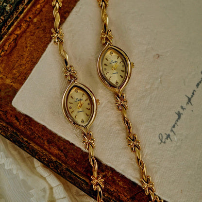 French Vintage Elegant Marquise Face Gold Quartz Watch
