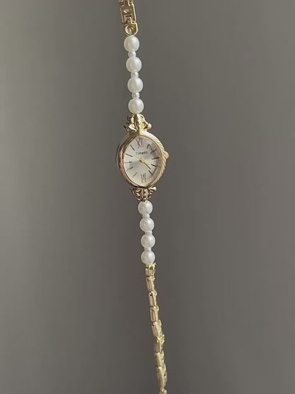 French Vintage Elegant Marquise Face Pearl Quartz Watch