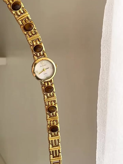 French Vintage Elegant Round Face Brown Tiger Eye Watch
