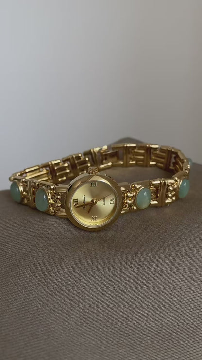 French Vintage Elegant Round Face Green Jade Quartz Watch