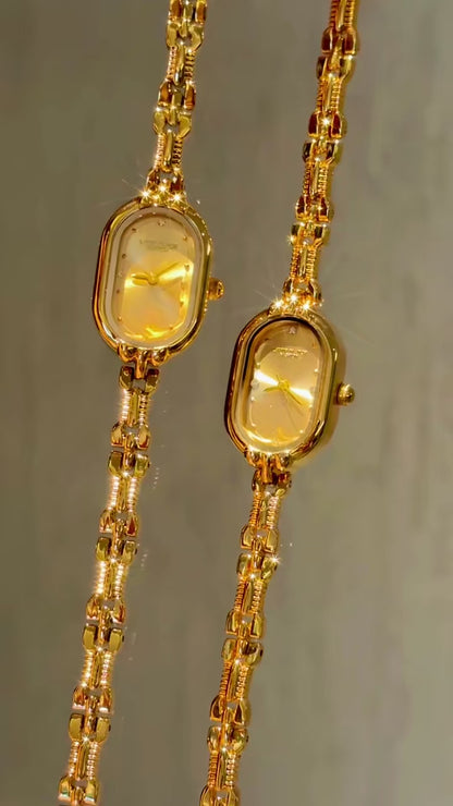 French Vintage Elegant Oval Face Gold Quartz Watch