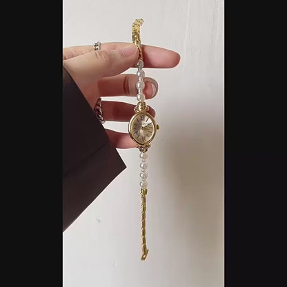 French Vintage Elegant Marquise Face Pearl Quartz Watch